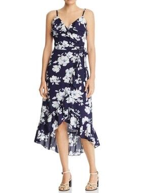 Dex Blue White Floral Print Faux Wrap Fit-&-Flare Midi Dress Womens Size XS